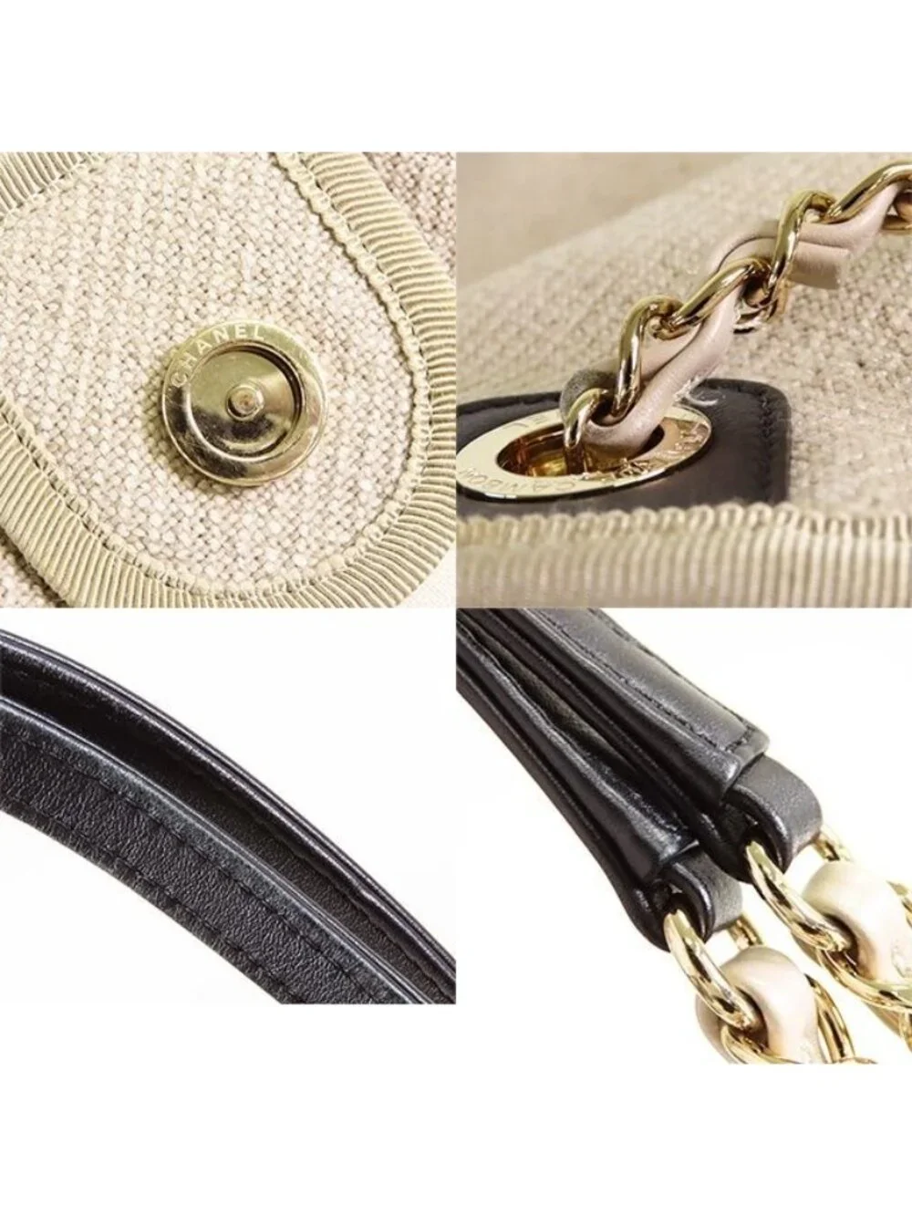 Chanel Deauville MM Beige Gold Canvas Leather 2-Way Shoulder Bag